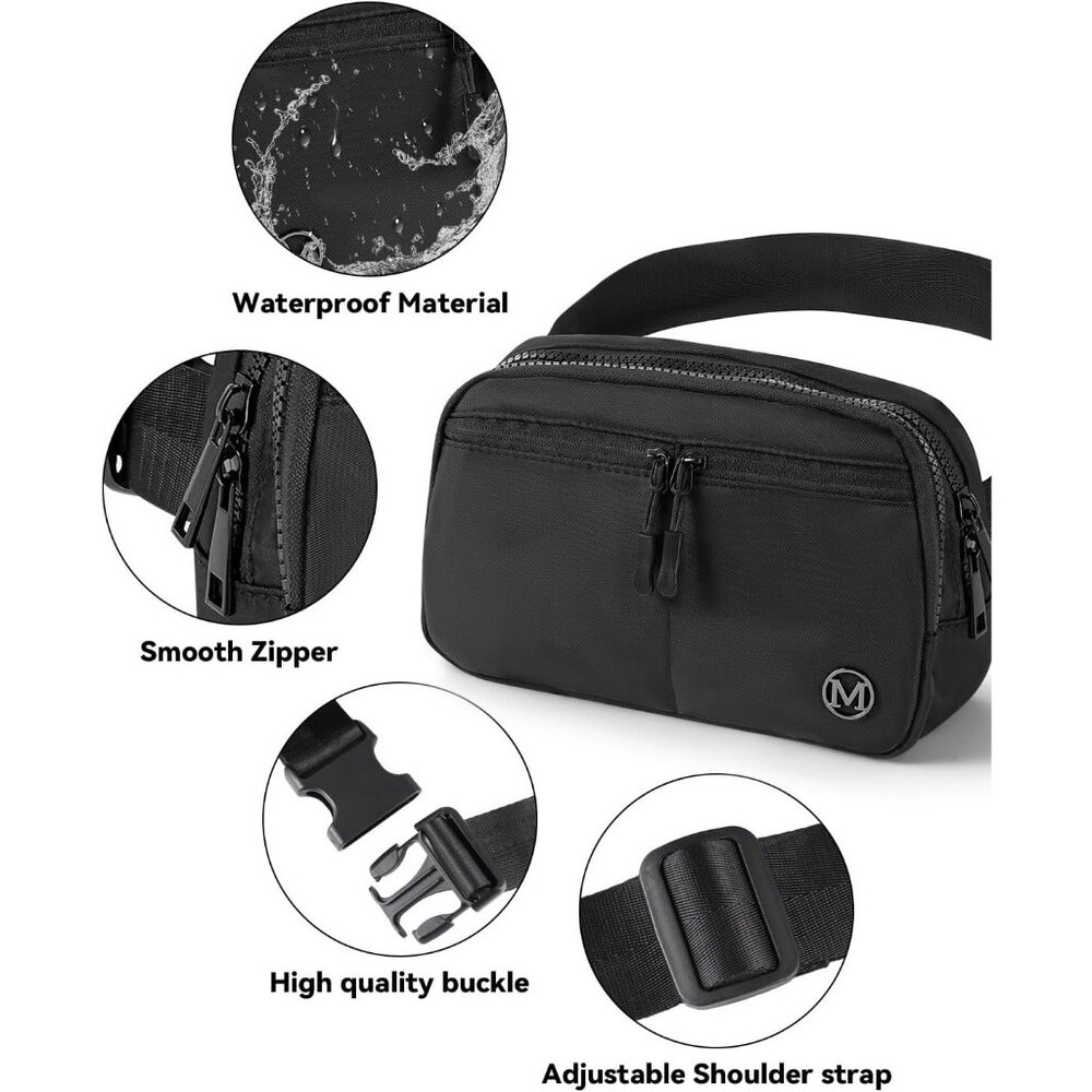 Womens Black Fanny Pack 2L Crossbody Belt Bag Waterproof 5 Zipper Pockets - Picture 3 of 7